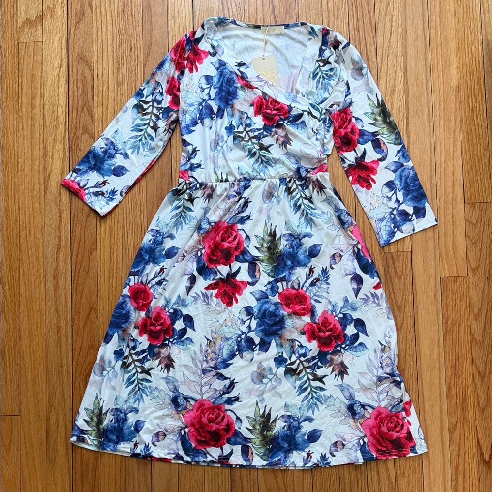 Red and Blue Floral Long Sleeve Dress